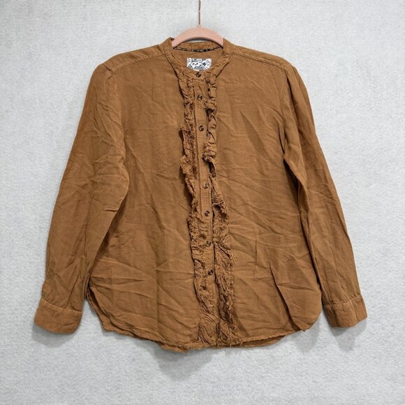Pilcro Shirt Womens Small Brown Linen Blend Ruffle Button Front Anthropologie - Picture 1 of 9